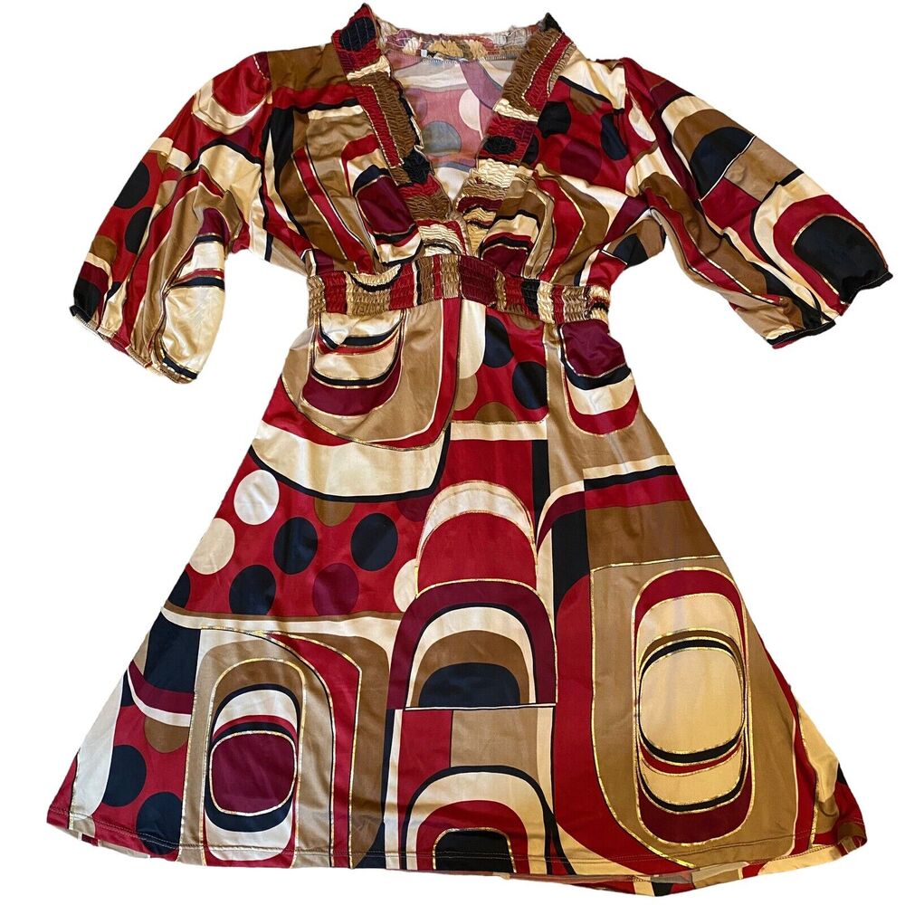 Loona Paris V-neck Tie Back Dress Elastic Empire Waist Red Brown Black Gold Sz 2